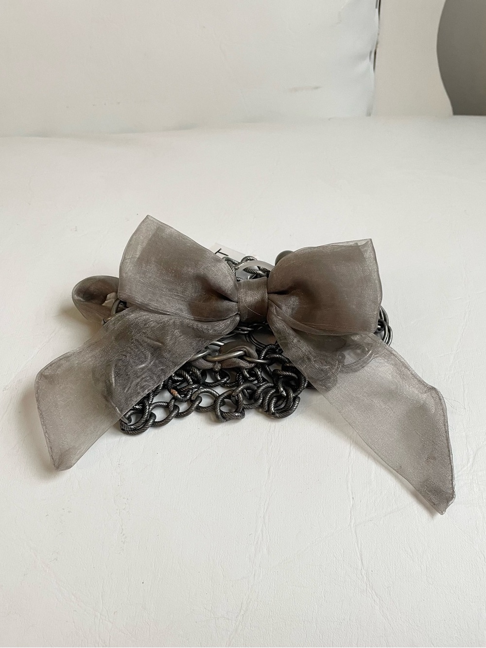 LOFT ANN TAYLOR SHEER TAUPE BOW PEWTER SILVER CHAIN LINK BELT ADJUSTABLE